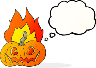 freehand drawn thought bubble cartoon flaming halloween pumpkin