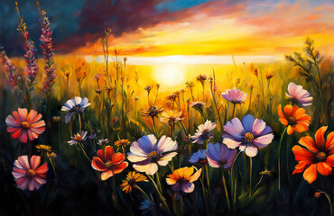A beautiful meadow with wildflowers against the backdrop of a colorful sunset. Oil painting. - 775939915