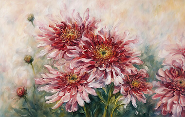 Luxurious pink chrysanthemum flowers, gouache drawing. Summer pastel background. - 775939935