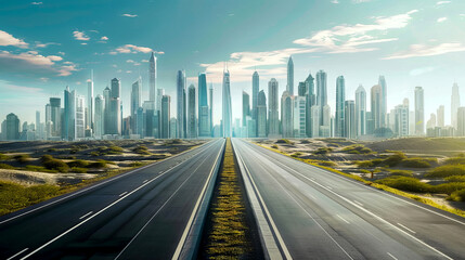 Fototapeta premium empty Roads leading Towards a Futuristic metropolitan Skyline