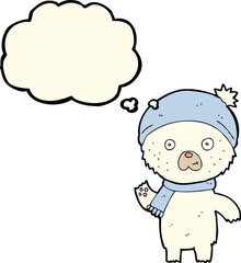 cartoon waving polar bear with thought bubble