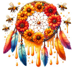 Watercolor flower dream catcher with feathers - obrazy, fototapety, plakaty