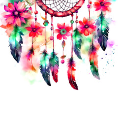 Watercolor flower dream catcher with feathers - obrazy, fototapety, plakaty