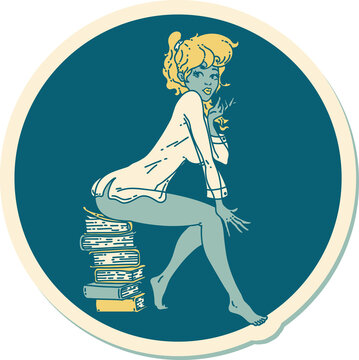 sticker of tattoo in traditional style of a pinup girl sitting on books