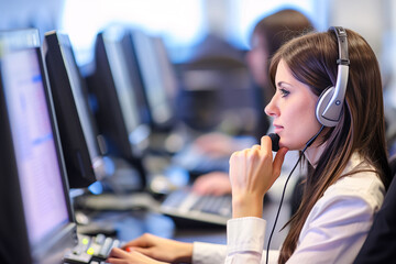 Focused female call center agent with headset working at her computer in a busy office environment..