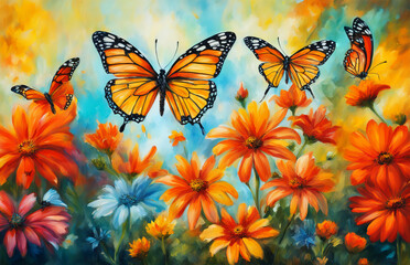 Monarch butterfly on bright wild gerbera flowers, oil painting, colorful summer background. - 775940724