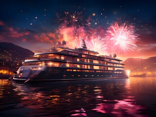 Luxury cruise ship and fireworks in the night sky over the sea