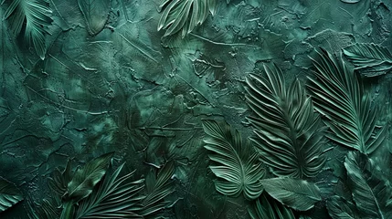 Fotobehang Dark green decorative texture of plaster wall with volumetric decorative flowers. © MiaStendal