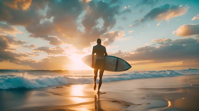 man walking holding a surf boat on the beach with a beautiful view of the evening sky
