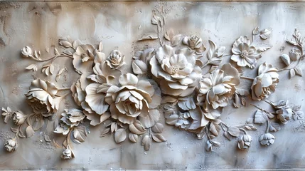 Poster Light decorative texture of plaster wall with volumetric decorative flowers. © MiaStendal
