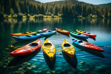 A row of colorful kayaks floating on a calm lake, ready for a day of adventure and exploration.