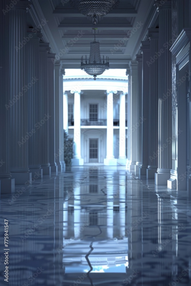 Poster a luxurious hallway with grand columns and a sparkling chandelier. perfect for interior design conce