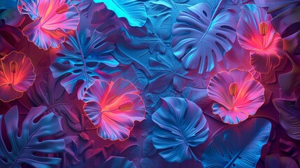 Fototapeta na wymiar Decorative volumetric flowers with neon lighting.