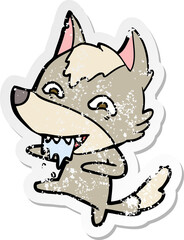 distressed sticker of a cartoon hungry wolf