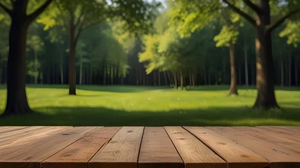 Zelfklevend Fotobehang Bosweg a Wooden table and spring forest background Generative AI