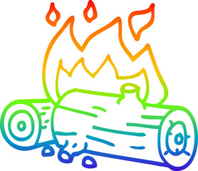 rainbow gradient line drawing of a cartoon burning logs