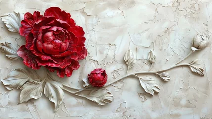 Fotobehang Red decorative volumetric peony flower on the background of a decorative wall. © MiaStendal