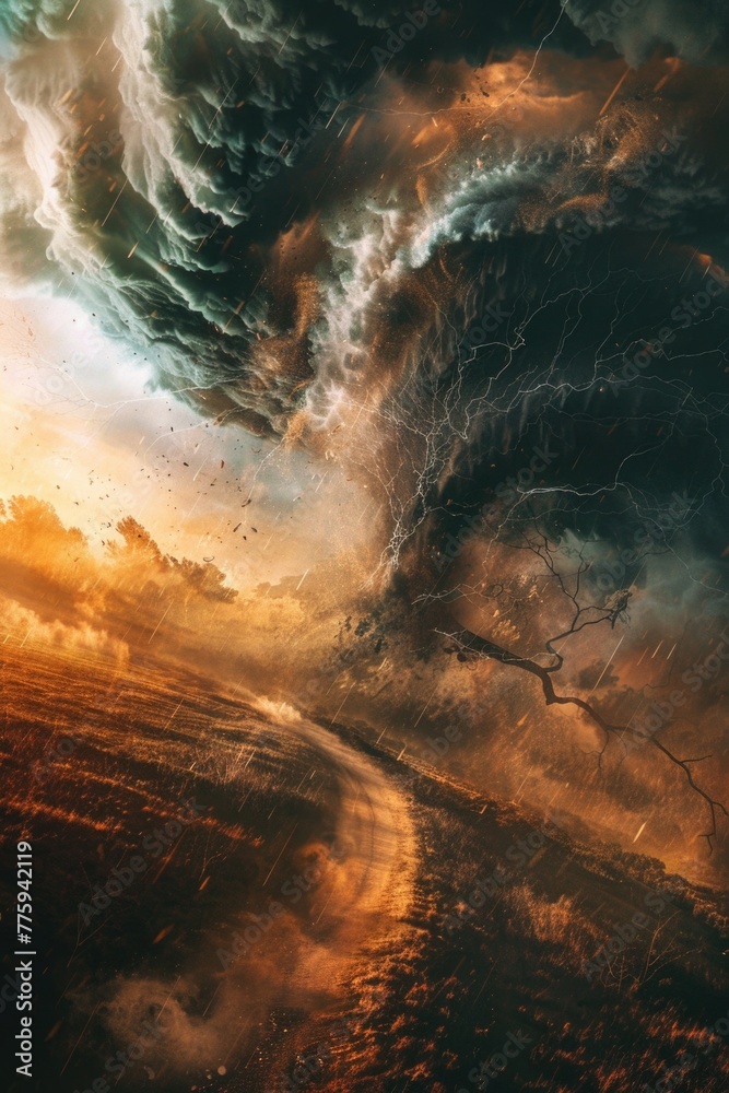 Poster a powerful tornado descending from the sky. suitable for weather-related designs