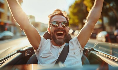man driving in a nice car on a sunny day, cheering happily
