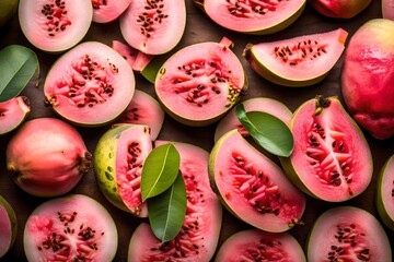 A sliced guava revealing its pink, fragrant flesh and seeds, showcasing its tropical essence. - obrazy, fototapety, plakaty