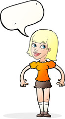 cartoon woman shrugging shoulders with speech bubble