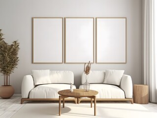 Mockup poster frame. Living room wall poster mockup. Interior mockup with house background. Modern interior design. 3D render