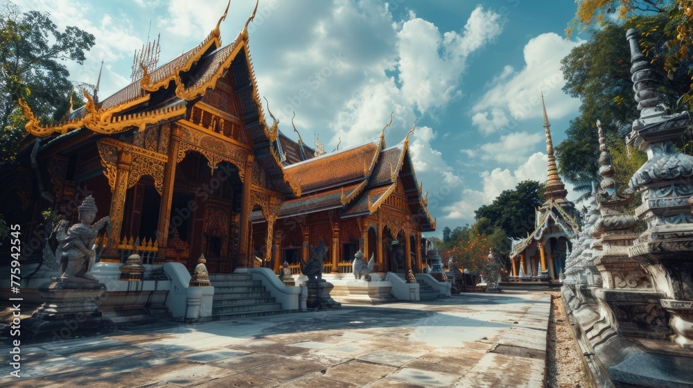 Poster majestic building adorned with statues, perfect for architectural projects