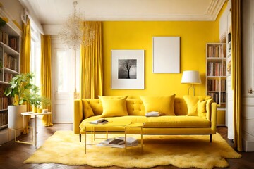 A vibrant yellow living room with a cozy reading corner and a blank white empty frame.