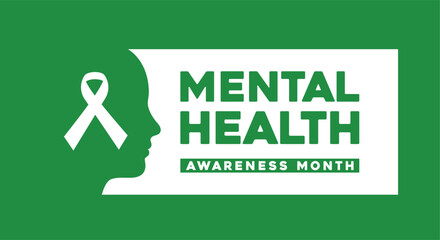 Mental health awareness month campaign concept background with human head silhouette and a  ribbon 