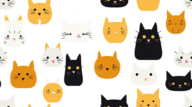 A simple seamless illustration of cat portraits on a white background. Cartoon faces of cats of different colors.