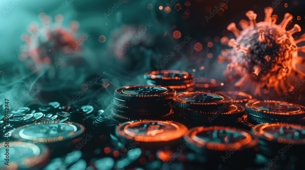 Poster a bunch of coins sitting on a table. suitable for financial concepts