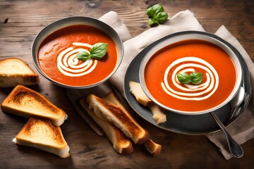 A bowl of creamy tomato soup with a swirl of fresh cream, paired with a grilled cheese sandwich.