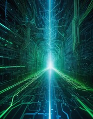 A digital art piece showing a perspective view of a futuristic cyber tunnel with glowing green data streams.
