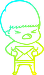 cold gradient line drawing of a cartoon stressed man