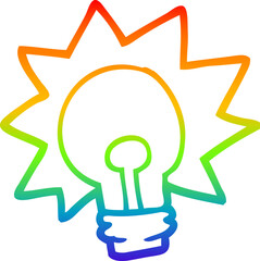 rainbow gradient line drawing of a cartoon shining light bulb