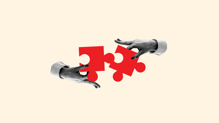 Human hands connecting puzzles symbolizing coordinated teamwork, well-planned strategy for career...