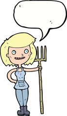 cartoon happy farmer girl with speech bubble