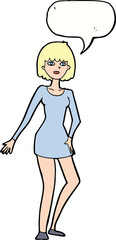 cartoon woman in dress with speech bubble