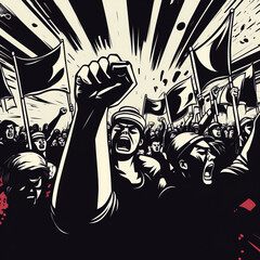 Revolution riot angry activist crowd raised fist - obrazy, fototapety, plakaty