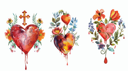 Sacred heart set. Seamless watercolor hand-drawn sa - obrazy, fototapety, plakaty