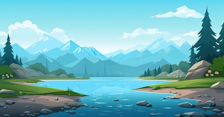 landscape, lake, bottom view, 2d style, animation, game 2d style
