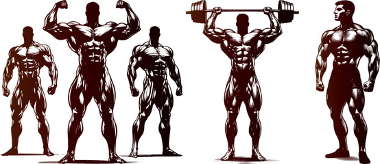 Gym bodybuilder Set Engraving Pen and Ink Vector Illustration
