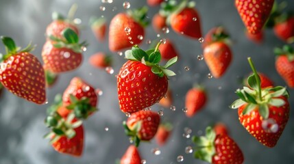 Fresh strawberries falling in mid-air. Perfect for food and healthy lifestyle concepts.
