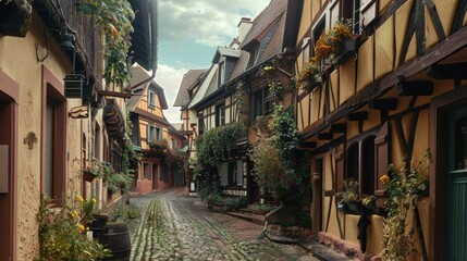 Fototapeta premium A charming cobblestone street in a picturesque European village. Perfect for travel brochures or historical articles