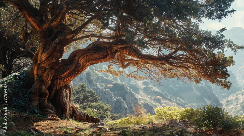 Poster Scenic view of a large tree on a hillside with a majestic mountain in the background. Suitable for nature and landscape themes