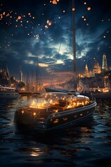 Yacht on the water in the night city. 3d rendering