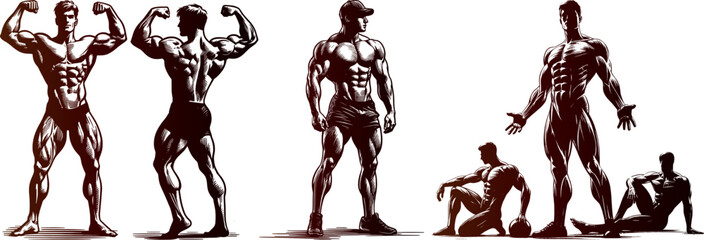 Gym Bodybuilder Set Engraving Pen and Ink Vector Illustration
