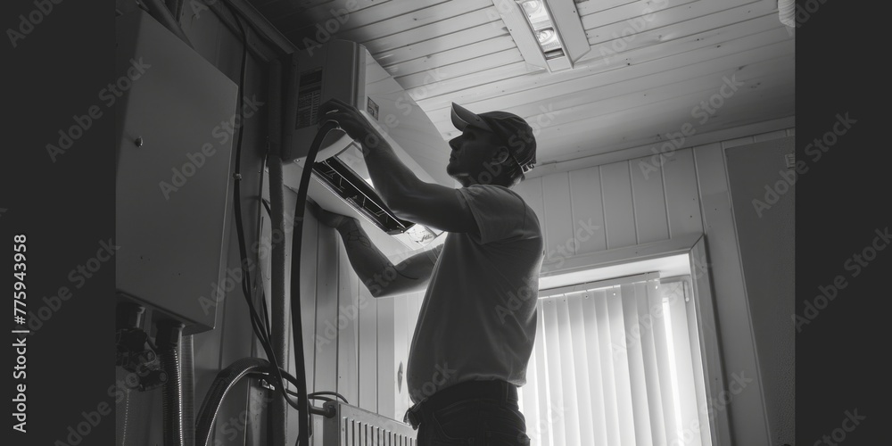Aufkleber a man working on fixing a window. suitable for home improvement projects