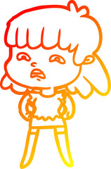 warm gradient line drawing of a cartoon worried woman