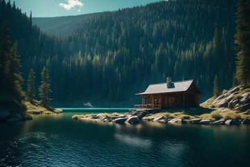 A serene lake surrounded by rocky cliffs, with a lone cabin nestled on the shore, offering a picturesque retreat.